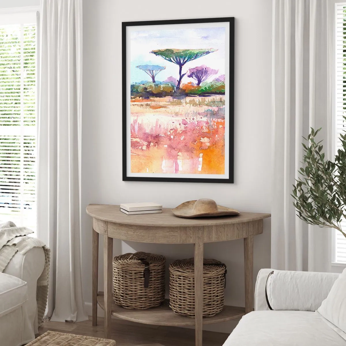 Plagát v čiernom ráme - Akvarelová maľba savanovej krajiny s akáciami. - 50x70cm - Farby savany - Moderná nástenná dekorácia do obývacej izby a spálne ARTTOR