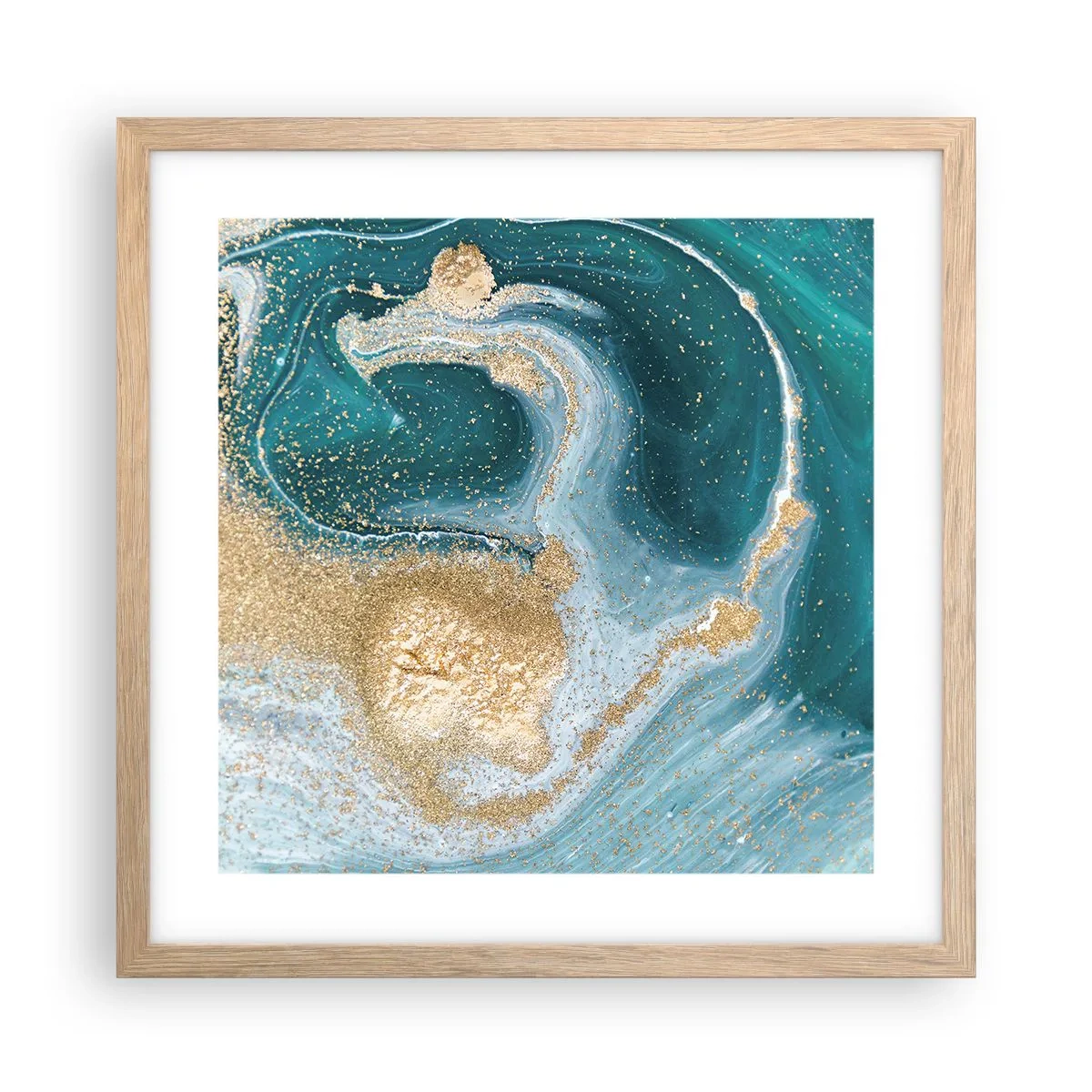 Plagát v ráme zo svetlého duba - Vír zlatej a tyrkysovej - 40x40 cm