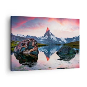 Obraz na plátne - Vrchol hory odrážajúci sa v jazere pri západe slnka - 70x50cm - Srdce hôr je vrelé - Moderná nástenná dekorácia do obývacej izby a spálne ARTTOR