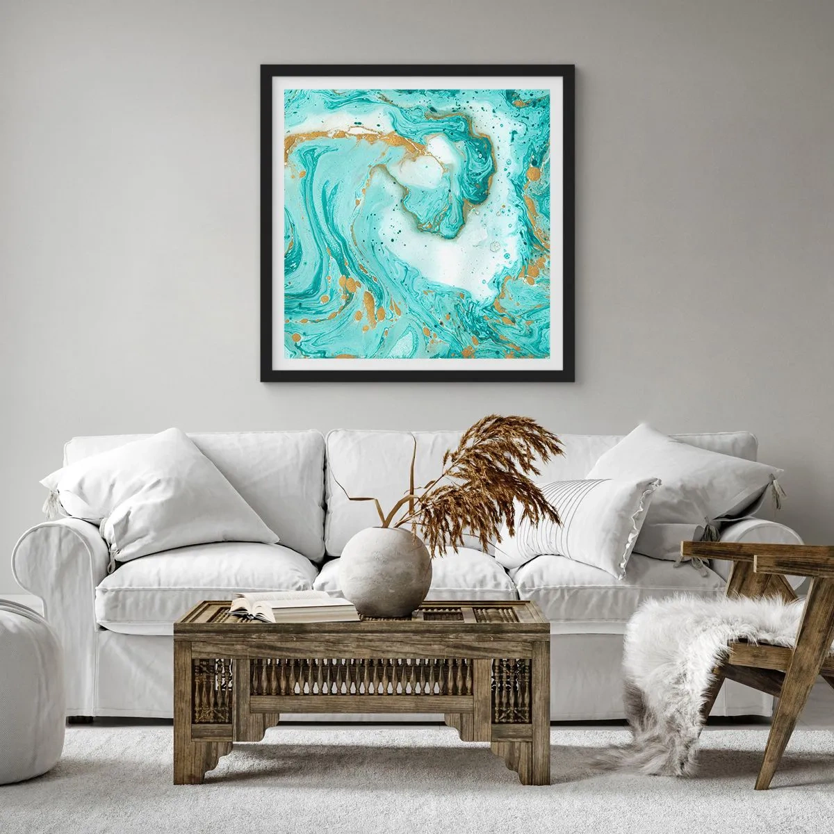 Plagát v čiernom ráme - Pod veľkou vlnou z epochy Edo - 60x60 cm