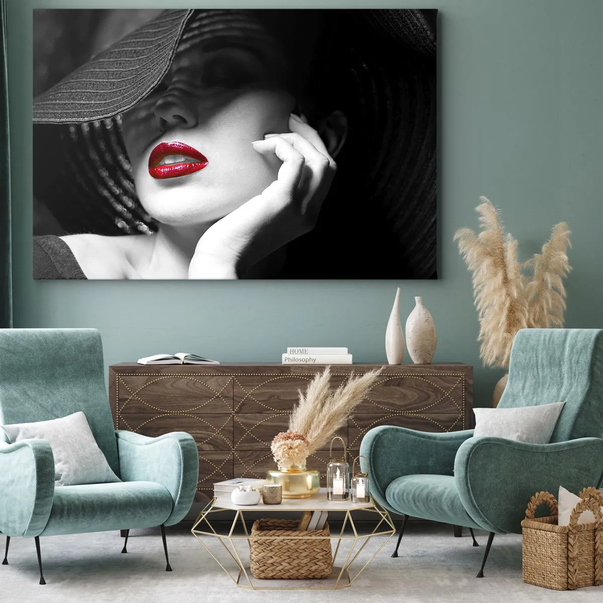 Obraz na plátne - Čiernobiely portrét ženy s červenými perami - 70x50cm - Štúdia v šarlátovej - Moderná nástenná dekorácia do obývacej izby a spálne ARTTOR