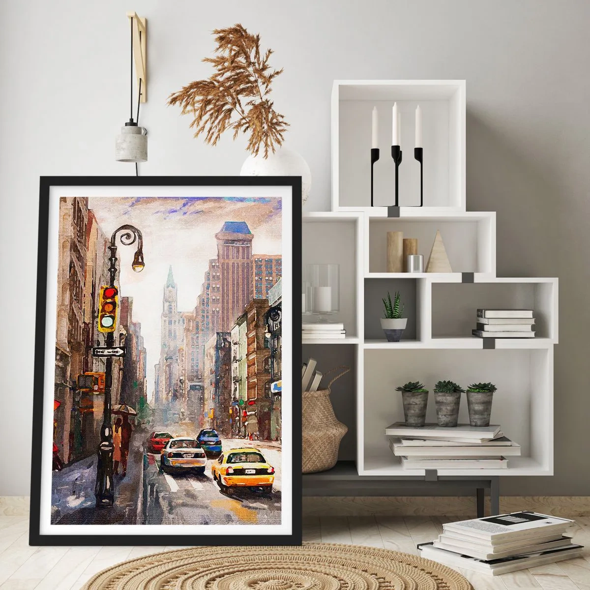 Plagát v čiernom ráme - Mestská ulica s autami a semaformi - 50x70cm - New York – farebný aj v daždi - Moderná nástenná dekorácia do obývacej izby a spálne ARTTOR