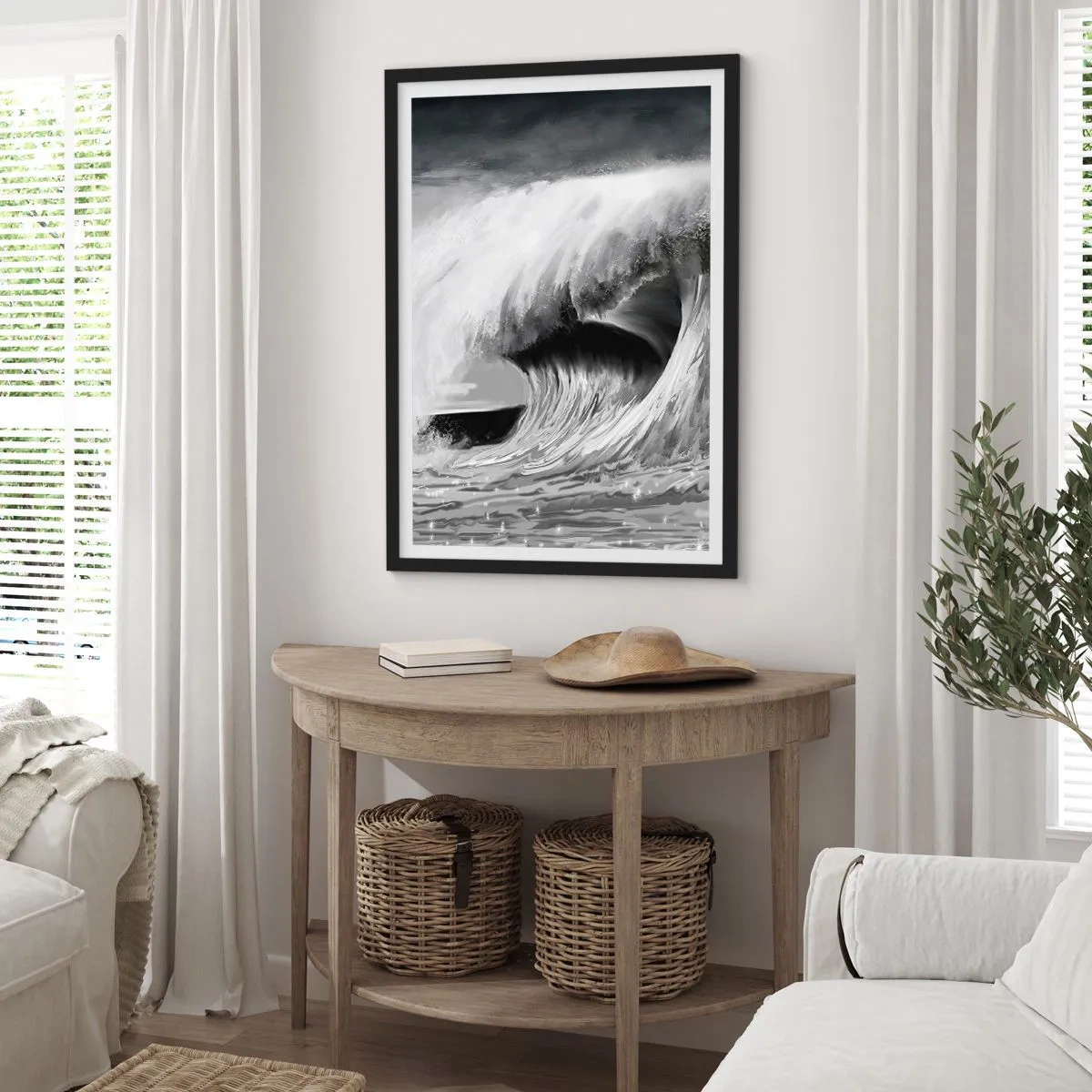 Plagát v čiernom ráme - Silná vlna v odtieňoch sivej - 50x70cm - Hnev oceánu - Moderná nástenná dekorácia do obývacej izby a spálne ARTTOR