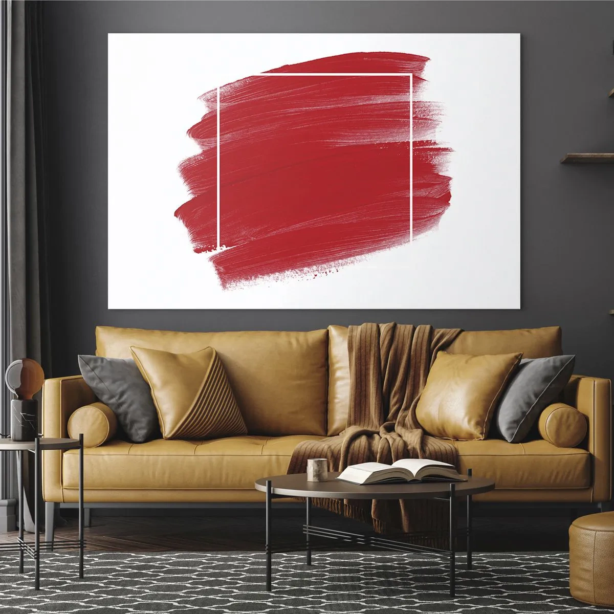 Obraz na skle - Abstraktná červená škvrna s bielym rámom - 70x50cm - Mimo rám - Moderná nástenná dekorácia do obývacej izby a spálne ARTTOR