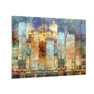 Obraz na skle - Farebná abstraktná panoráma mestských mrakodrapov v umeleckom štýle - 70x50cm - Slnečná metropola - Moderná nástenná dekorácia do obývacej izby a spálne ARTTOR