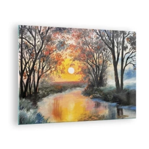 Obraz na skle - Západ slnka nad riekou medzi stromami - 70x50cm - Jesenný nádych - Moderná nástenná dekorácia do obývacej izby a spálne ARTTOR