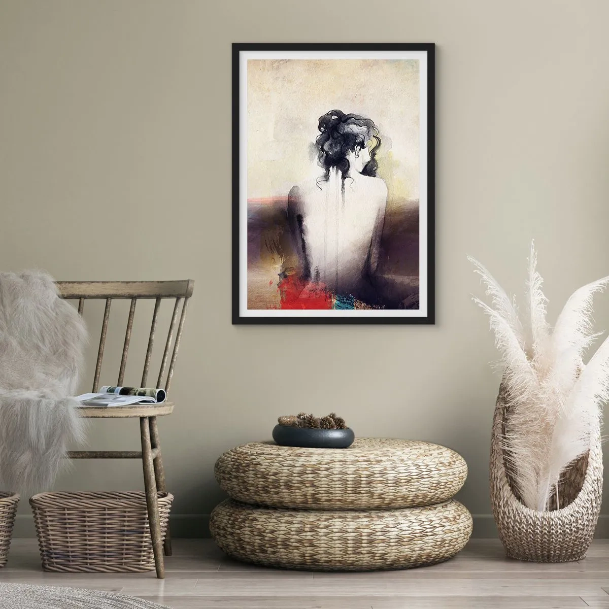 Plagát v čiernom ráme - Umelecký portrét ženy zozadu v tlmených farbách. - 50x70cm - Jemné línie, oválne tvary - Moderná nástenná dekorácia do obývacej izby a spálne ARTTOR