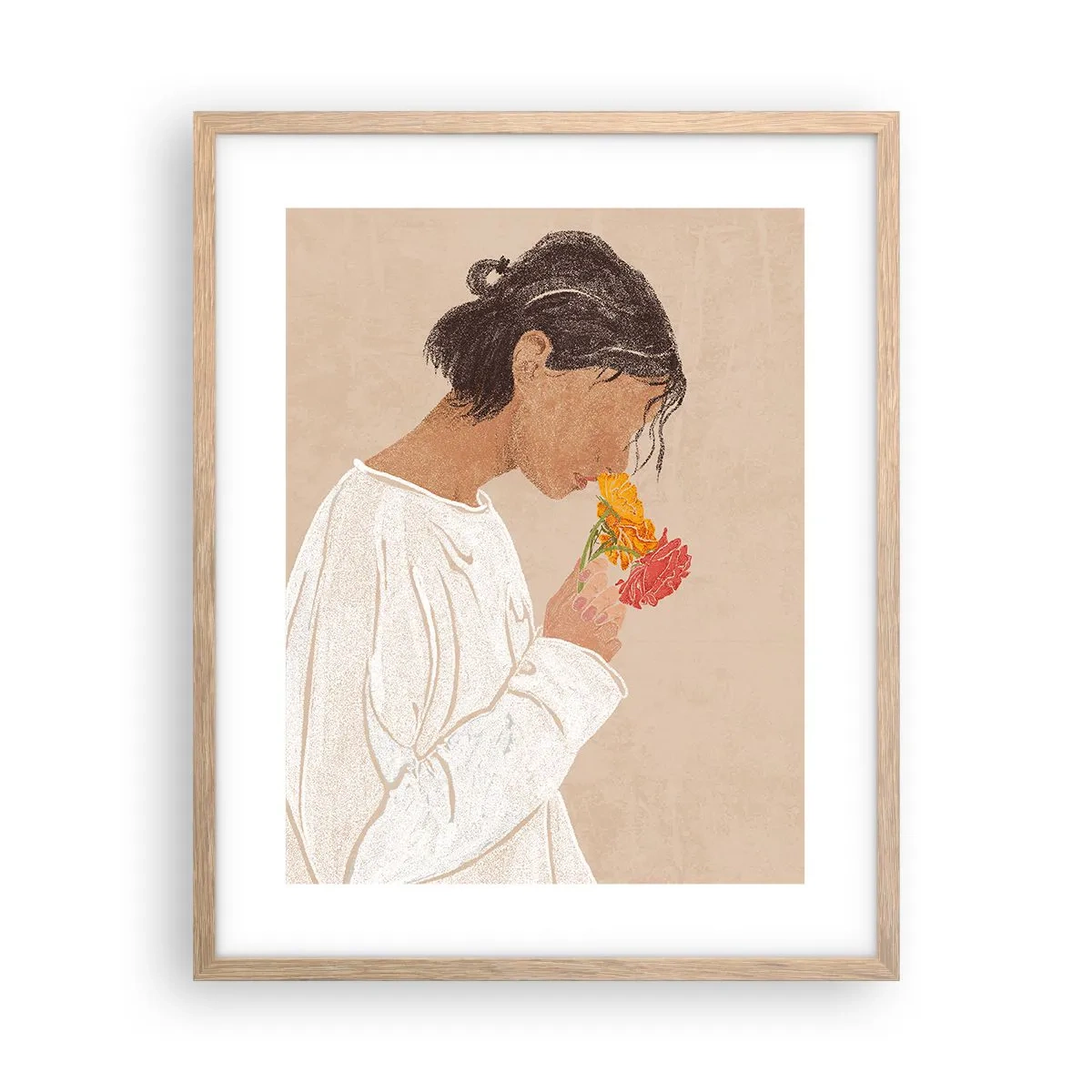 Plagát v ráme zo svetlého duba - Dievča a kvety - 40x50 cm