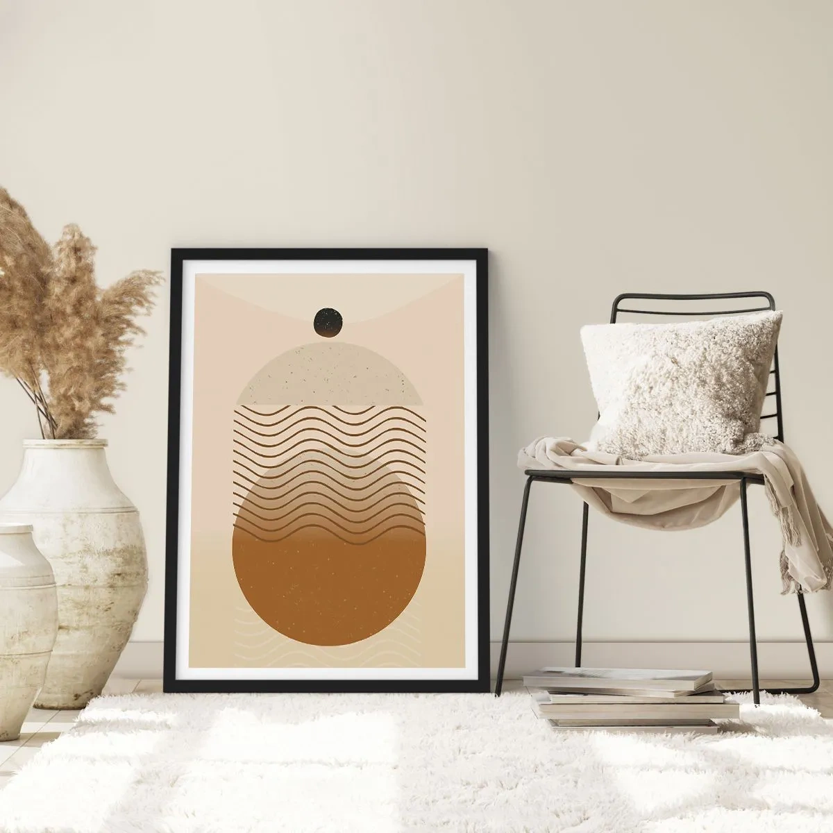 Plagát v čiernom ráme - Minimalistický vzor s vlnami a geometrickými tvarmi - 50x70cm - O pôvode geometrických obrazcov - Moderná nástenná dekorácia do obývacej izby a spálne ARTTOR