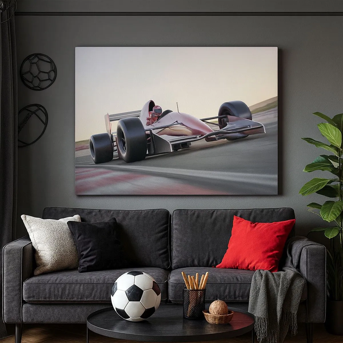 Obraz na plátne - Červené auto Formuly 1 na pretekárskej dráhe počas jazdy - 70x50cm - Vždy víťaz - Moderná nástenná dekorácia do obývacej izby a spálne ARTTOR