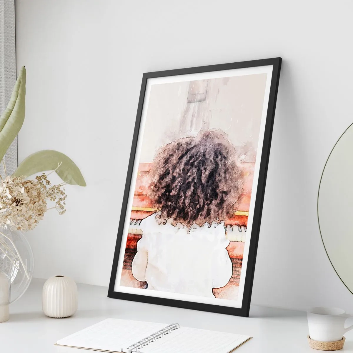 Plagát v čiernom ráme - Dieťa s bujnými kučerami hrá na klavíri v akvarelovom štýle - 50x70cm - V novom svete - Moderná nástenná dekorácia do obývacej izby a spálne ARTTOR