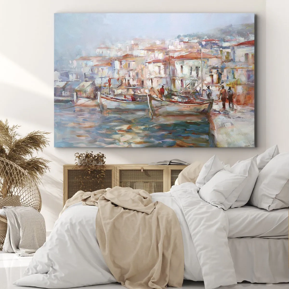 Obraz na plátne - Dojem z prístavu s loďami a budovami - 70x50cm - Pastelová dovolenka - Moderná nástenná dekorácia do obývacej izby a spálne ARTTOR