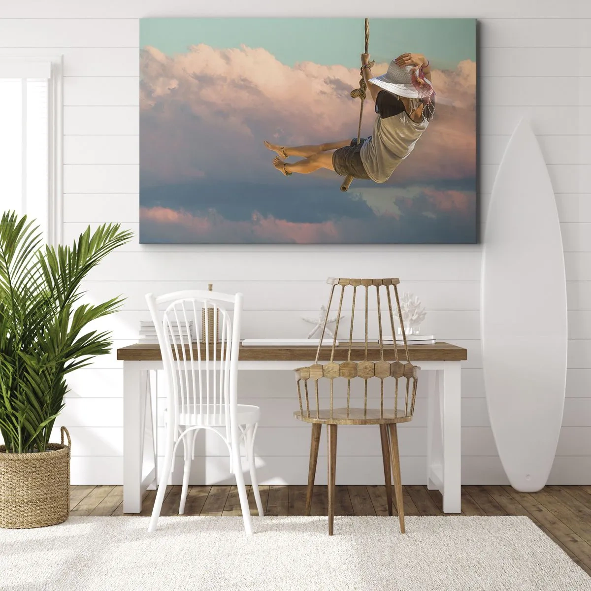 Obraz na plátne - Žena na hojdačke medzi ružovými oblakmi - 70x50cm - Hra v oblakoch - Moderná nástenná dekorácia do obývacej izby a spálne ARTTOR