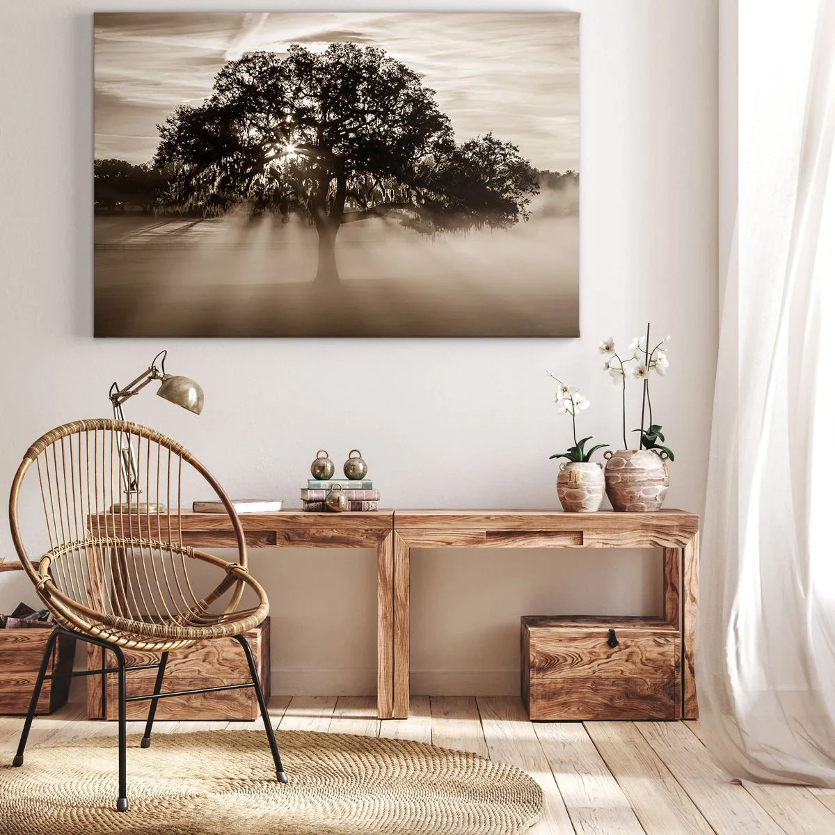 Obraz na plátne - Slnečné lúče presvitajú cez osamelý strom - 70x50cm - Strom správ samotného dobra - Moderná nástenná dekorácia do obývacej izby a spálne ARTTOR