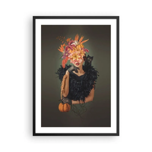 Plagát v čiernom ráme - Umelecký portrét ženy s kvetmi, tekvicou a čiernou mačkou. - 50x70cm - Kúzlo čarodejnice - Moderná nástenná dekorácia do obývacej izby a spálne ARTTOR