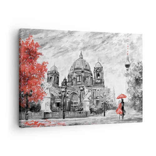 Obraz na plátne - Čiernobiela scéna s Berlínom, červeným dáždnikom a stromom - 70x50cm - Berlínske stretnutie - Moderná nástenná dekorácia do obývacej izby a spálne ARTTOR