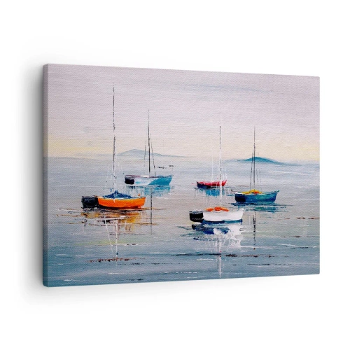 Obraz na plátne - Farebné lode na pokojnej vode - 70x50cm - Zaslúžený odpočinok - Moderná nástenná dekorácia do obývacej izby a spálne ARTTOR