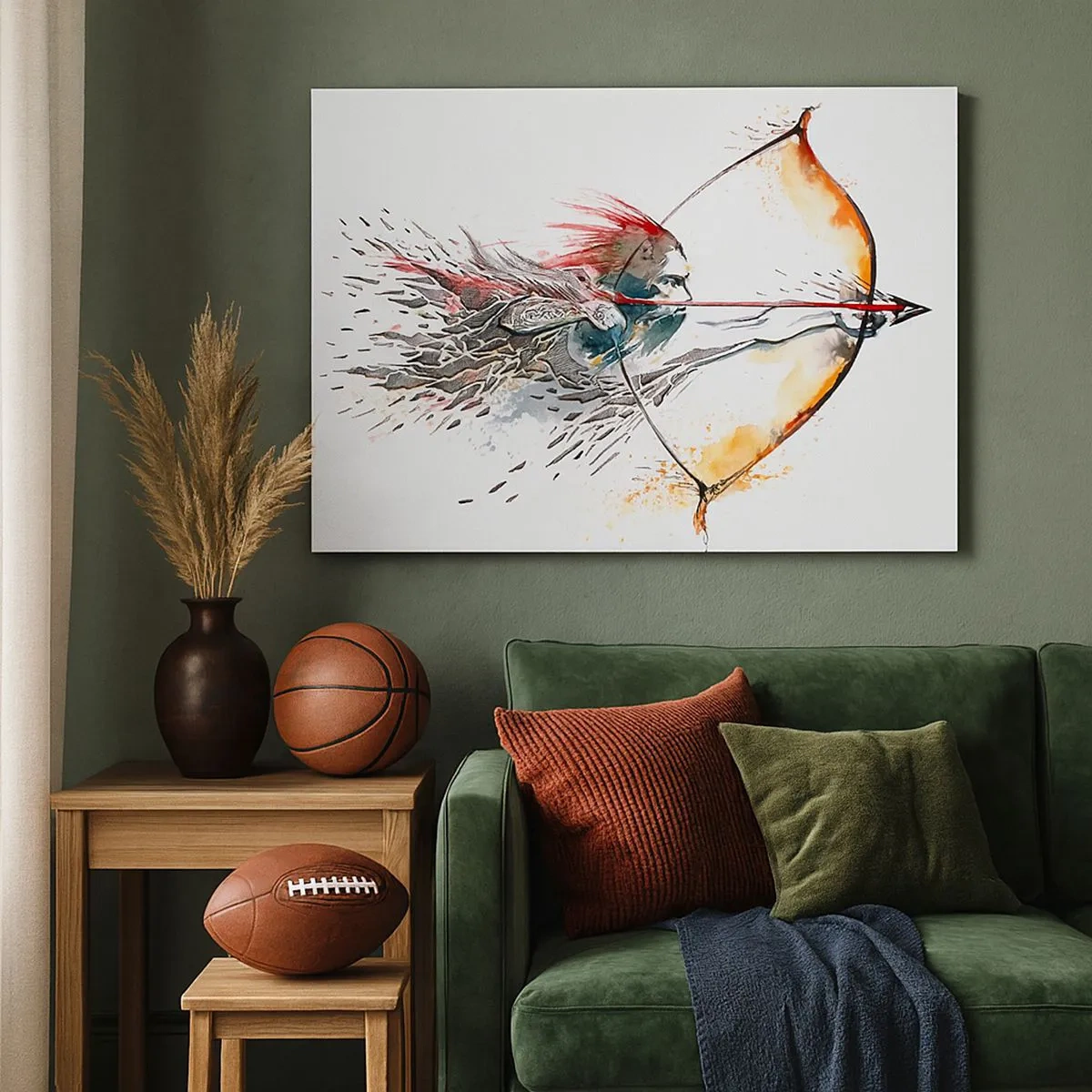 Obraz na plátne - Dynamická akvarelová maľba bojovníka s lukom a šípom - 70x50cm - Mýtický bojovník s ohnivým lukom - Moderná nástenná dekorácia do obývacej izby a spálne ARTTOR