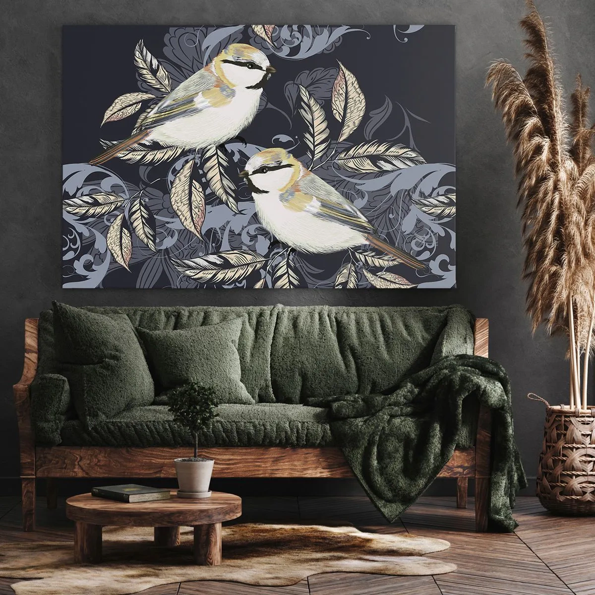 Obraz na plátne - Vtáky na konároch v okrasnom pozadí - 70x50cm - Žltomodrá pieseň - Moderná nástenná dekorácia do obývacej izby a spálne ARTTOR