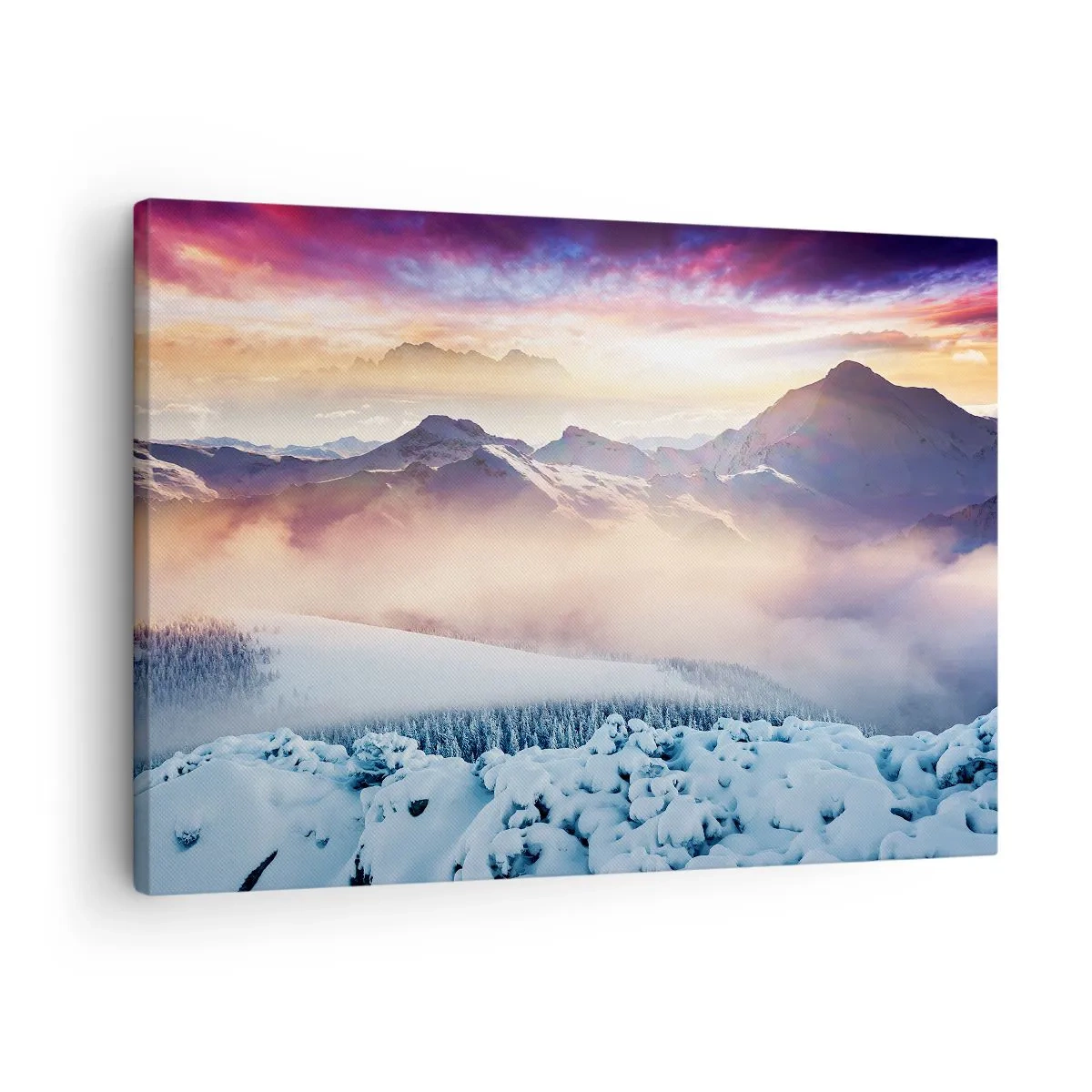 Obraz na plátne - Zasnežené hory za úsvitu s farebnou oblohou - 70x50cm - Sila a čistota prírody - Moderná nástenná dekorácia do obývacej izby a spálne ARTTOR