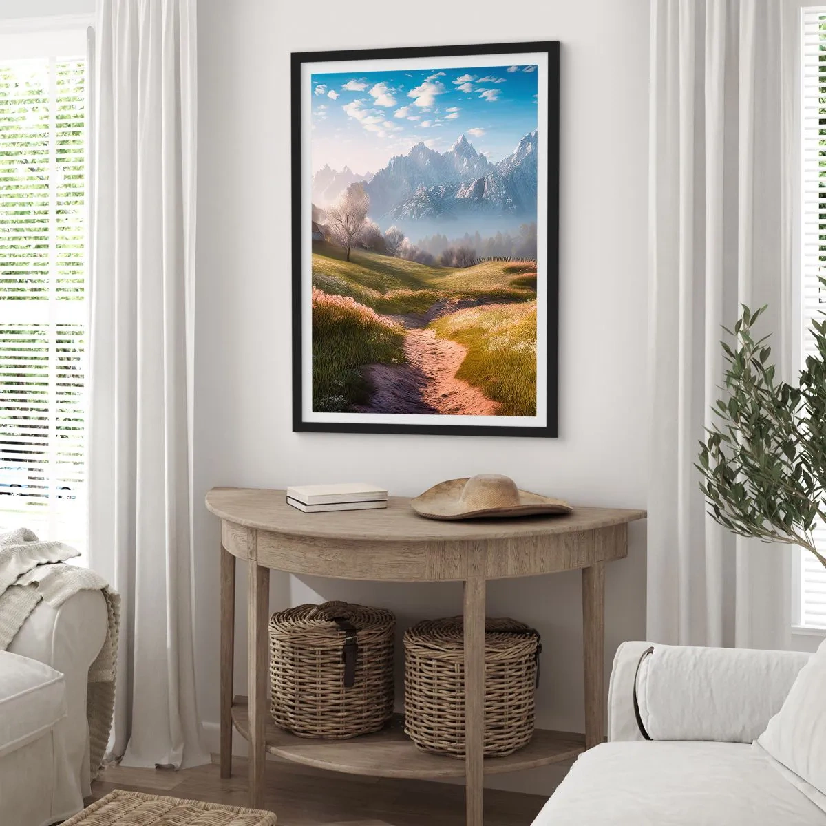 Plagát v čiernom ráme - Horský chodník vedúci cez zelené údolie pri východe slnka - 50x70cm - Idylické údolie - Moderná nástenná dekorácia do obývacej izby a spálne ARTTOR