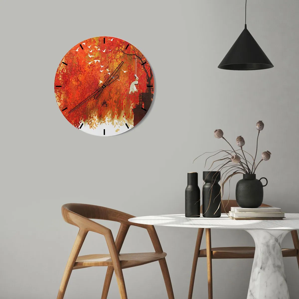 Nástenné hodiny - Jesenná scéna s hojdačkou obklopenou zlatými listami a vtákmi - 30x30cm - Poletí s nimi? - Moderná nástenná dekorácia do obývacej izby, kuchyne a spálne ARTTOR