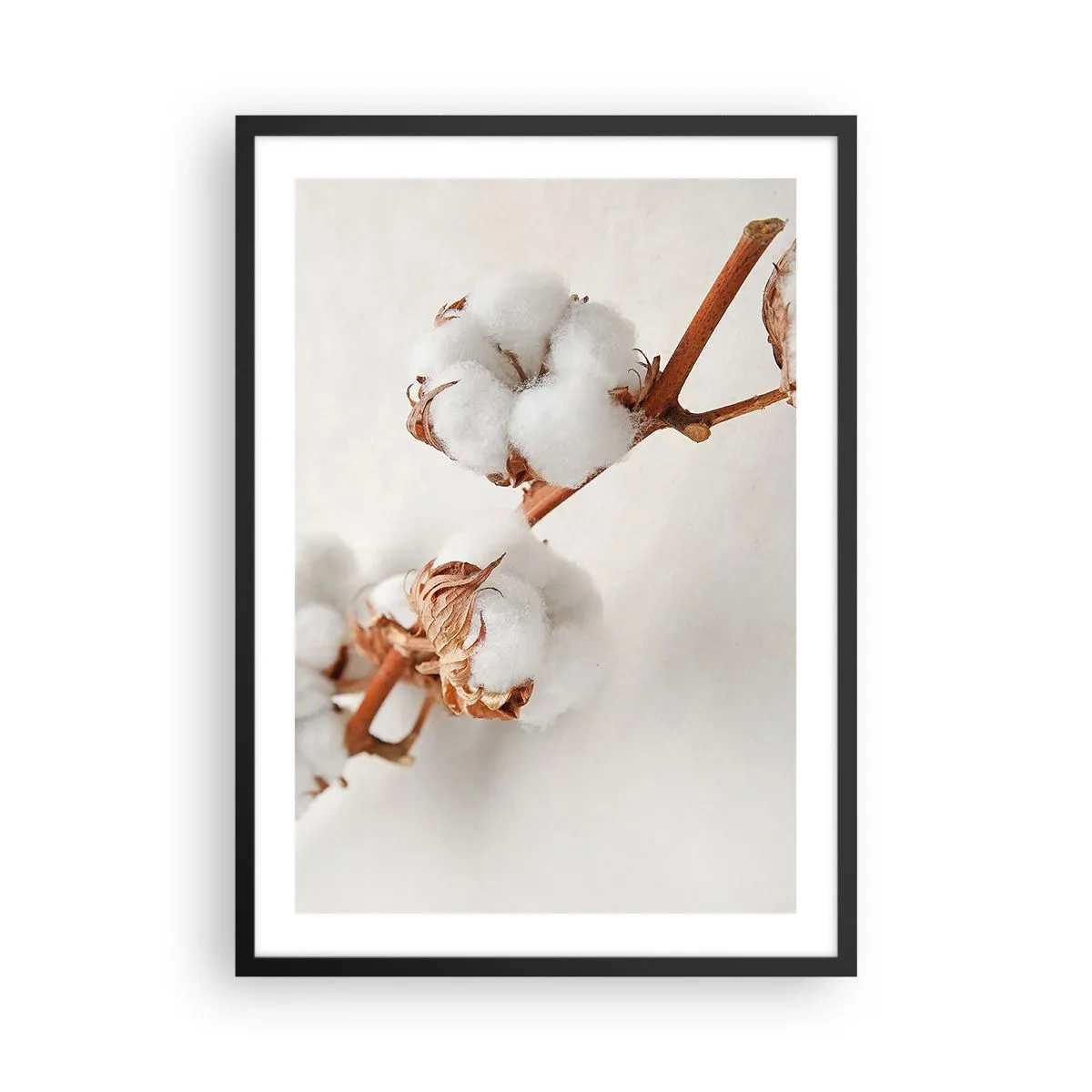 Plagát v čiernom ráme - Jemné bavlnené vetvičky na svetlom pozadí - 50x70cm - Len objímať - Moderná nástenná dekorácia do obývacej izby a spálne ARTTOR