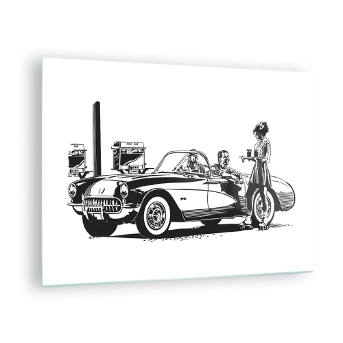 Obraz na skle - Kreatívna grafika s klasickým autom a postavami - 70x50cm - 60. - bezstarostná Amerika - Moderná nástenná dekorácia do obývacej izby a spálne ARTTOR