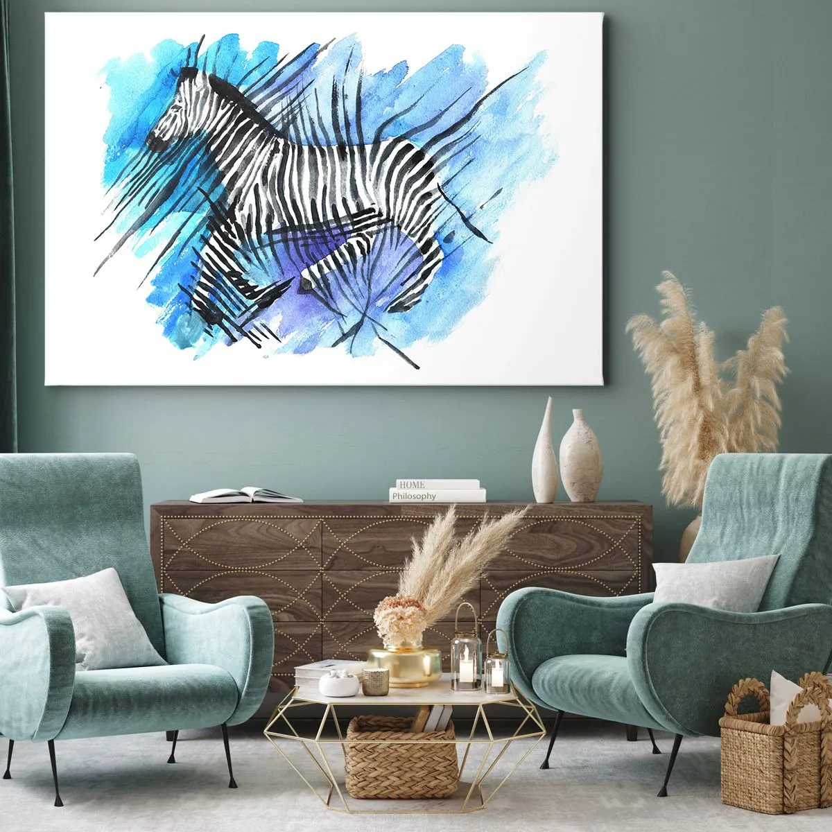Obraz na plátne - Akvarelová ilustrácia zebry proti modrej oblohe - 70x50cm - Skrytá v prúžkoch - Moderná nástenná dekorácia do obývacej izby a spálne ARTTOR