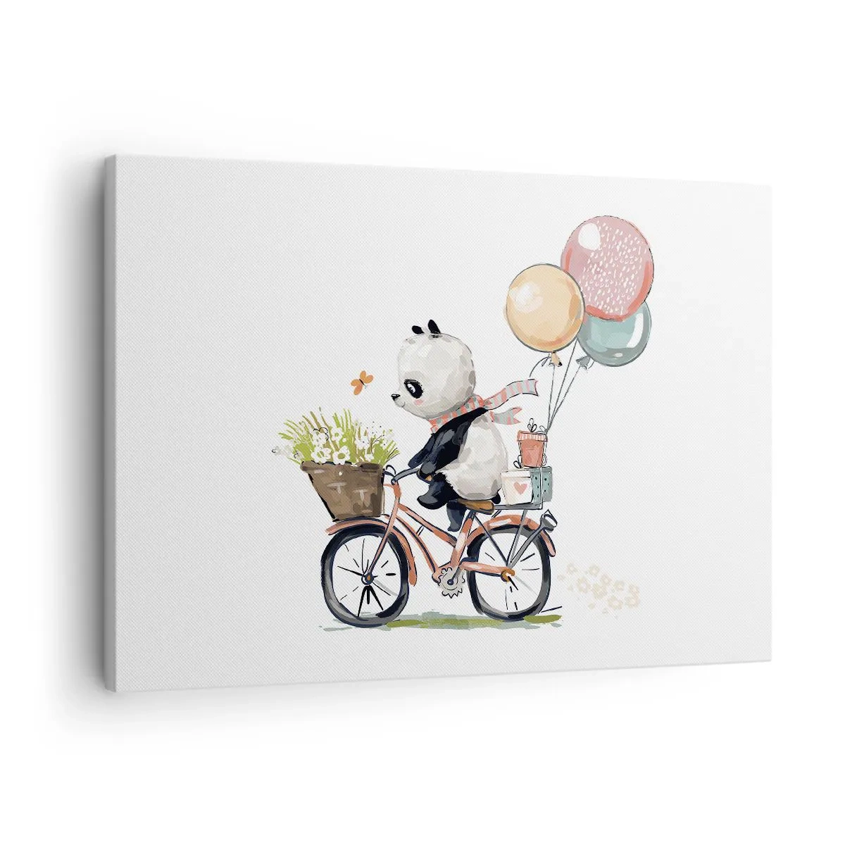 Obraz na plátne - Panda na bicykli s balónmi a kvetmi - 70x50cm - Šťastný deň - Moderná nástenná dekorácia do obývacej izby a spálne ARTTOR