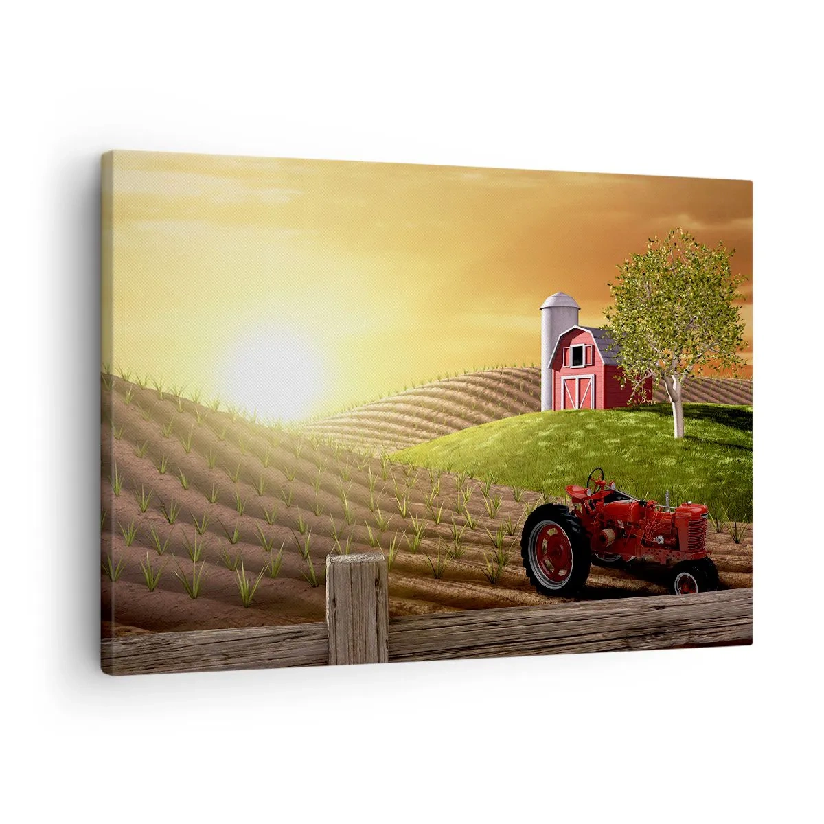 Obraz na plátne - Vidiecka krajina s červenou stodolou, traktorom a východom slnka - 70x50cm - Farma ako z rozprávky - Moderná nástenná dekorácia do obývacej izby a spálne ARTTOR