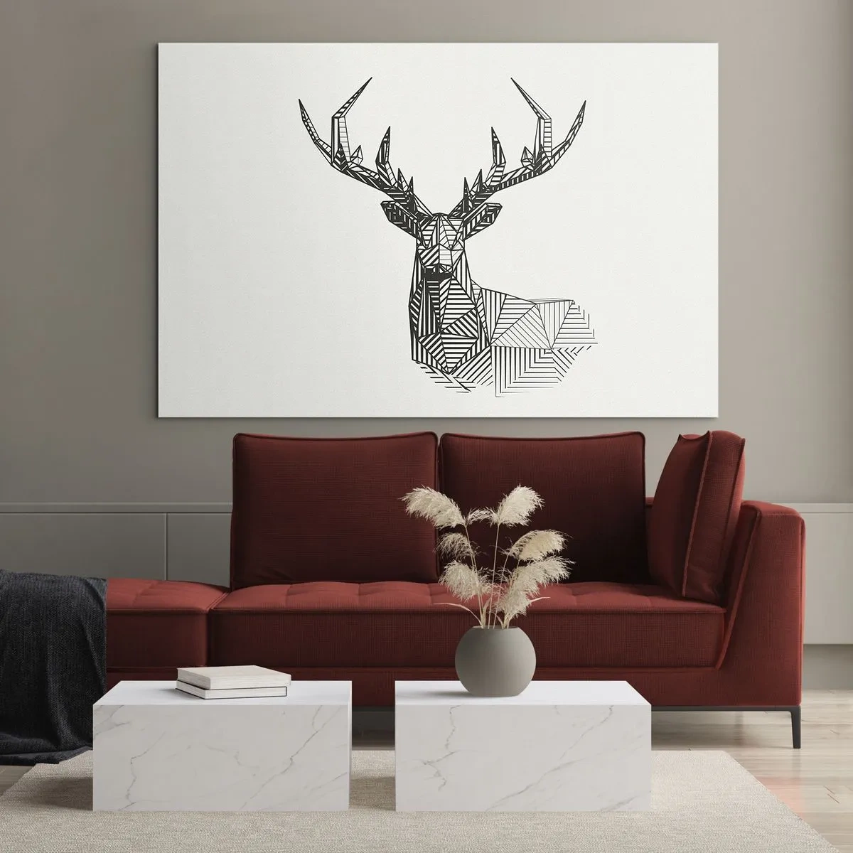 Obraz na skle - Kubistický jeleň vyrobený z geometrických tvarov na bielom pozadí - 70x50cm - Jeleň v kubistickom štýle - Moderná nástenná dekorácia do obývacej izby a spálne ARTTOR