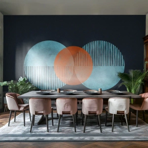 Fototapeta Standard Eco - Moderná geometrická grafika s kruhmi v odtieňoch modrej a oranžovej - 100x70cm - Symetrická kompozícia - Moderná nástenná dekorácia do obývacej izby a spálne ARTTOR
