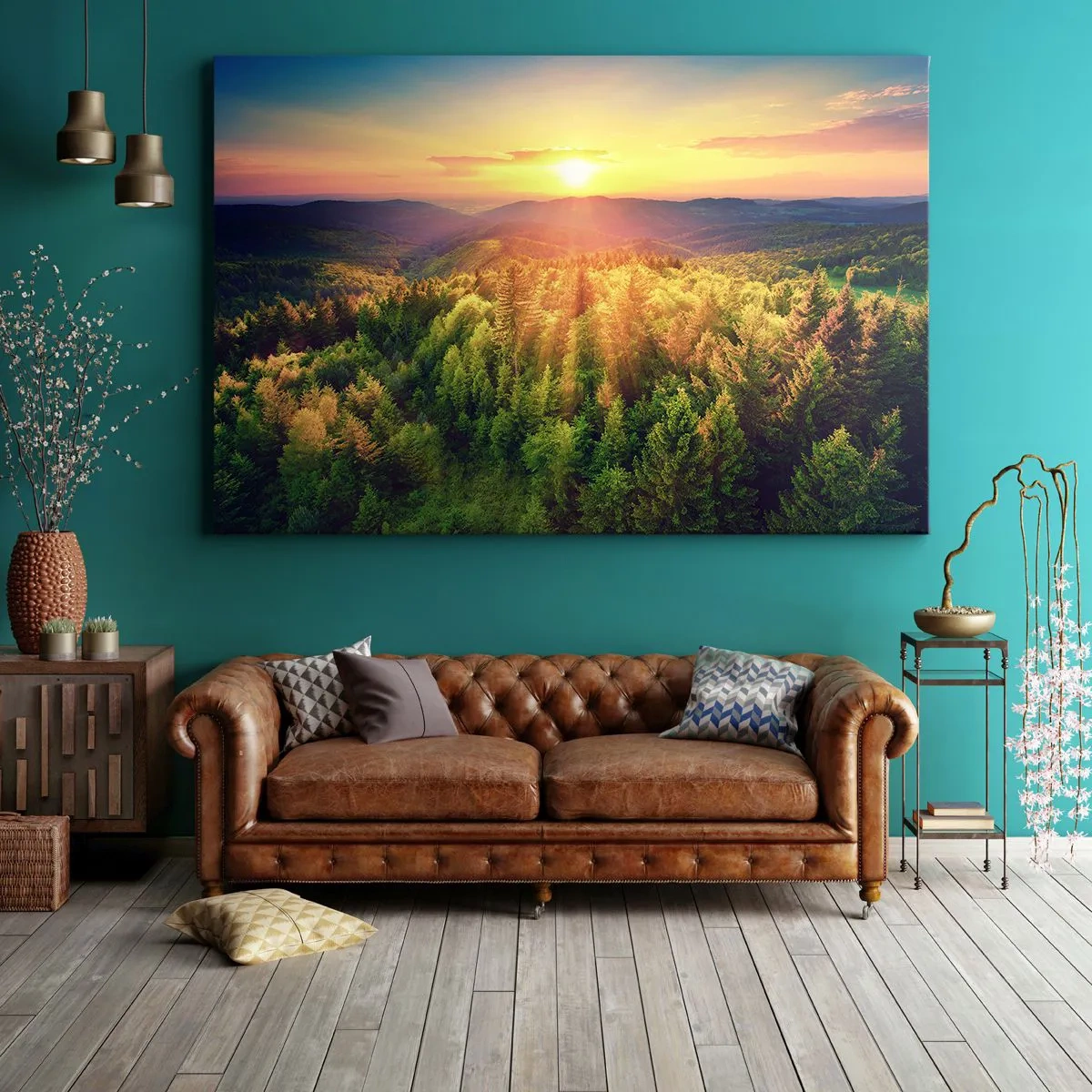 Obraz na plátne - Lesná krajina so západom slnka nad kopcami - 70x50cm - Vrcholky a vrcholy - Moderná nástenná dekorácia do obývacej izby a spálne ARTTOR