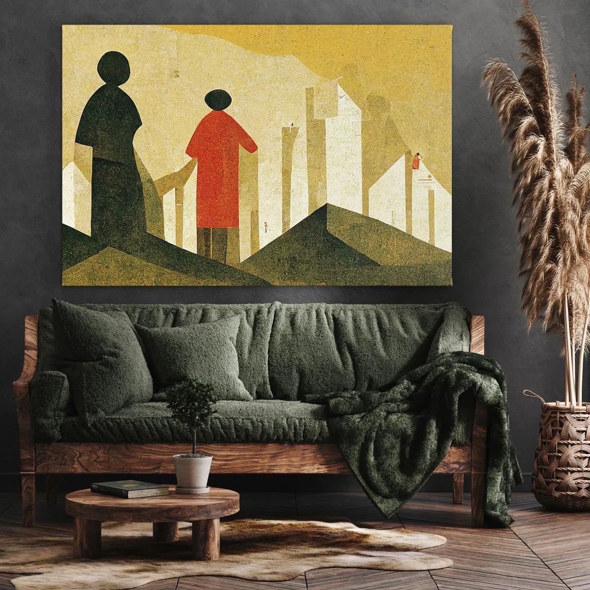 Obraz na plátne - Geometrické siluety v červenej a zelenej farbe na žltom pozadí - 70x50cm - Ešte veľmi ďaleko - Moderná nástenná dekorácia do obývacej izby a spálne ARTTOR