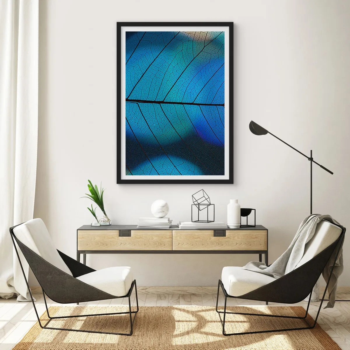 Plagát v čiernom ráme - Detail modrého listu s výraznými žilami - 50x70cm - Až do detailov - Moderná nástenná dekorácia do obývacej izby a spálne ARTTOR