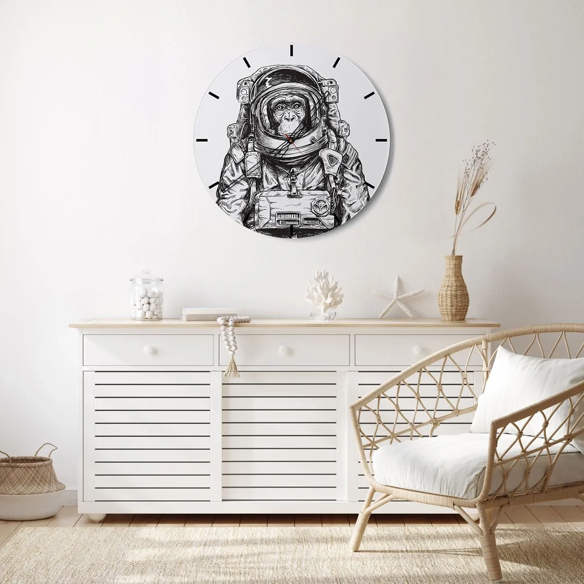 Nástenné hodiny - Čiernobiela skica opičieho astronauta. - 30x30cm - Alternatívny vývoj - Moderná nástenná dekorácia do obývacej izby, kuchyne a spálne ARTTOR