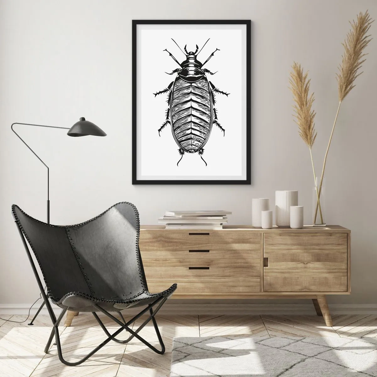 Plagát v čiernom ráme - Čiernobiela ilustrácia hmyzu v maloobchodnom štýle - 50x70cm - Vzorový exemplár! - Moderná nástenná dekorácia do obývacej izby a spálne ARTTOR