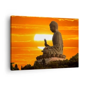 Obraz na plátne - Budhistická socha na pozadí oranžového západu slnka - 70x50cm - Bez strachu zo sveta - Moderná nástenná dekorácia do obývacej izby a spálne ARTTOR