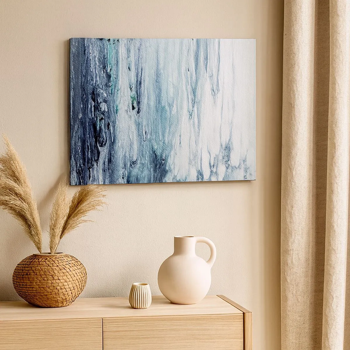 Obraz na plátne - Abstraktné modré a biele pruhy pripomínajúce cencúle - 70x50cm - Modré cencúle - Moderná nástenná dekorácia do obývacej izby a spálne ARTTOR