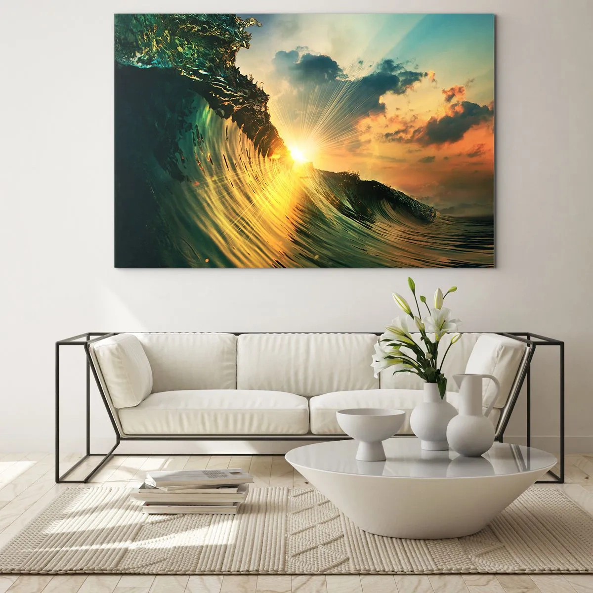 Obraz na skle - Zapadajúce slnko osvetľuje oceánske vlny - 70x50cm - Surfer, kde si? - Moderná nástenná dekorácia do obývacej izby a spálne ARTTOR