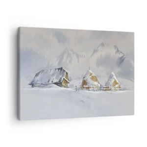 Obraz na plátne - Zimná krajina s chatou a kopami sena v horách - 70x50cm - V zasneženom údolí - Moderná nástenná dekorácia do obývacej izby a spálne ARTTOR