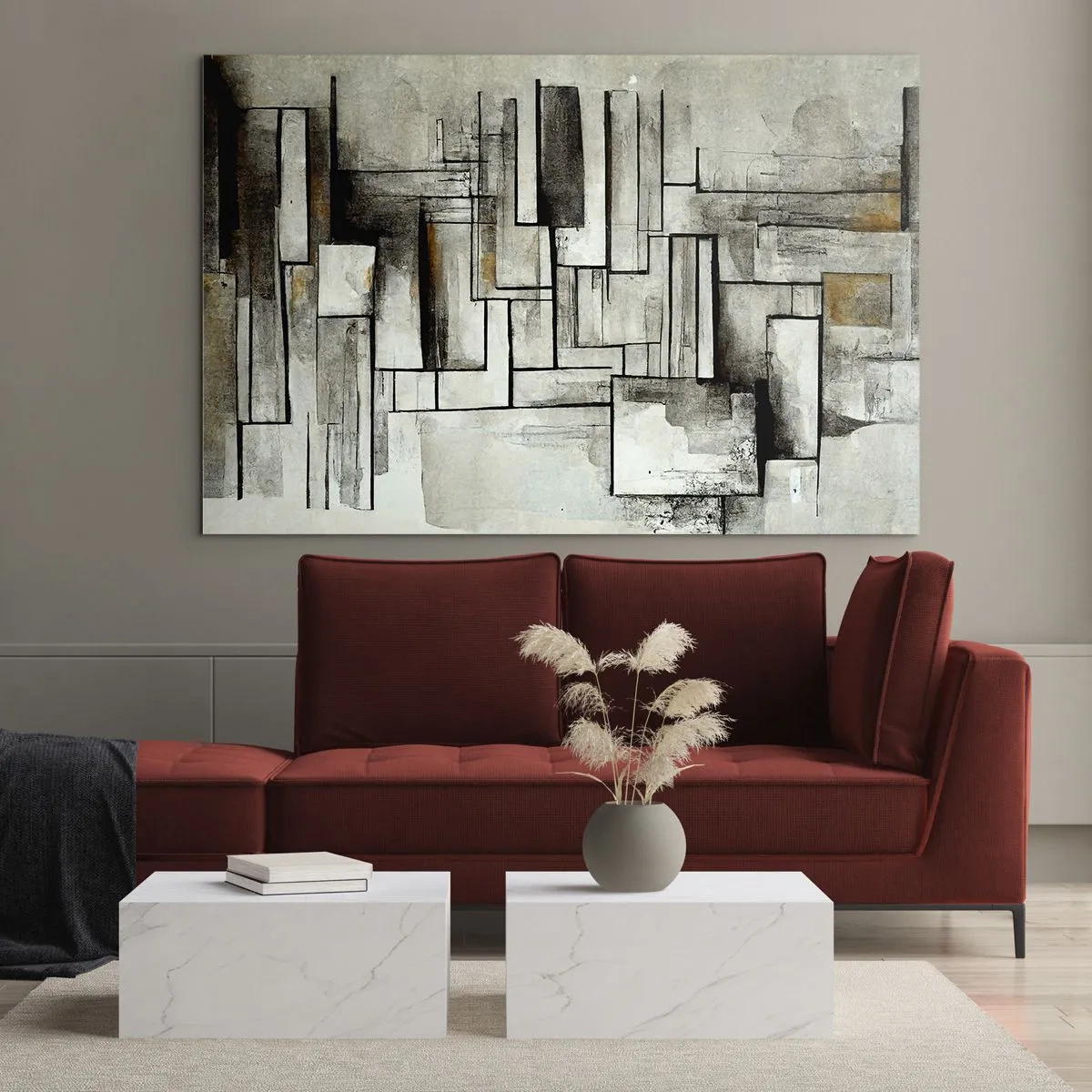Obraz na skle - Geometrická kompozícia obdĺžnikov v tlmených sivých tónoch - 70x50cm - Sila jednoduchosti - Moderná nástenná dekorácia do obývacej izby a spálne ARTTOR