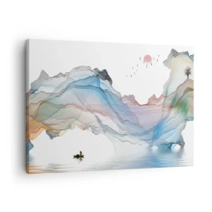 Obraz na plátne - Jemná krajina s horami, vodou a loďou - 70x50cm - Ku krištáľovým horám - Moderná nástenná dekorácia do obývacej izby a spálne ARTTOR