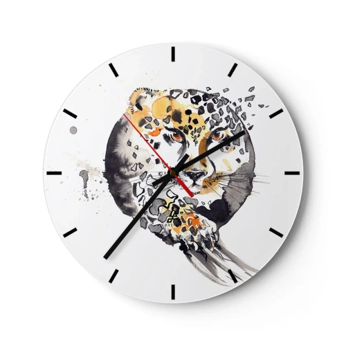 Nástenné hodiny - Leopard v umeleckej podobe s dynamickými časticami okolo siluety - 30x30cm - Dravá krása - Moderná nástenná dekorácia do obývacej izby, kuchyne a spálne ARTTOR