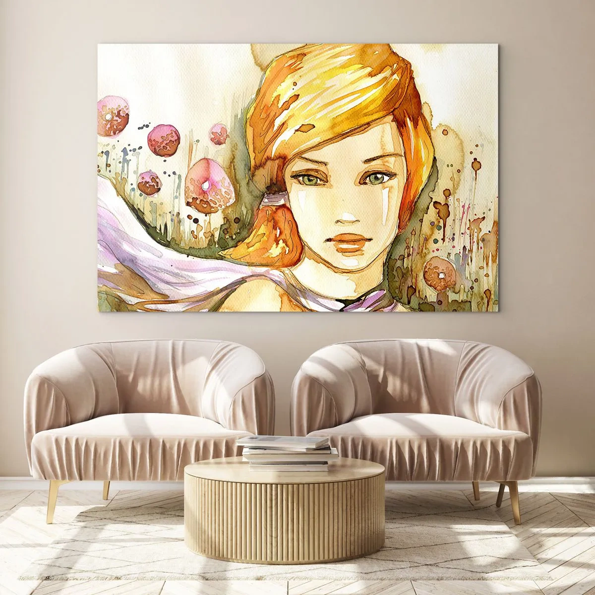 Obraz na skle - Portrét ženy v akvarelovom štýle s abstrakciou - 70x50cm - Smaragdový pohľad, ktorý utišuje hnev - Moderná nástenná dekorácia do obývacej izby a spálne ARTTOR