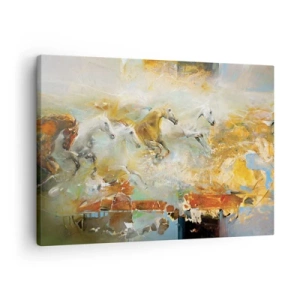Obraz na plátne - Umelecké kone v dynamickom, farebnom prostredí - 70x50cm - Cvála svetlom - Moderná nástenná dekorácia do obývacej izby a spálne ARTTOR