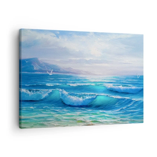 Obraz na plátne - Malebná prímorská krajina s vlnami a modrou oblohou - 70x50cm - Prináša ukojenie - Moderná nástenná dekorácia do obývacej izby a spálne ARTTOR