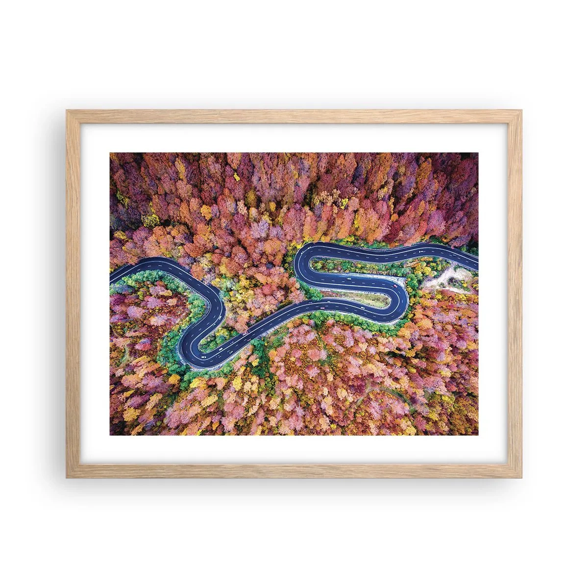 Plagát v ráme zo svetlého duba - Kľukatá cesta lesom - 50x40 cm