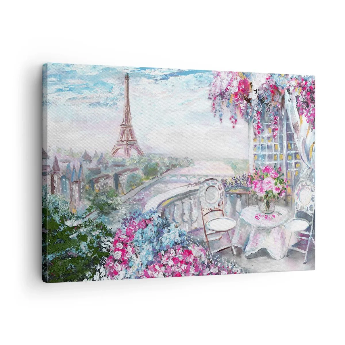 Obraz na plátne - Romantický výhľad na Paríž s Eiffelovou vežou a balkónom plným kvetov - 70x50cm - Najkrajšie je tu v máji - Moderná nástenná dekorácia do obývacej izby a spálne ARTTOR